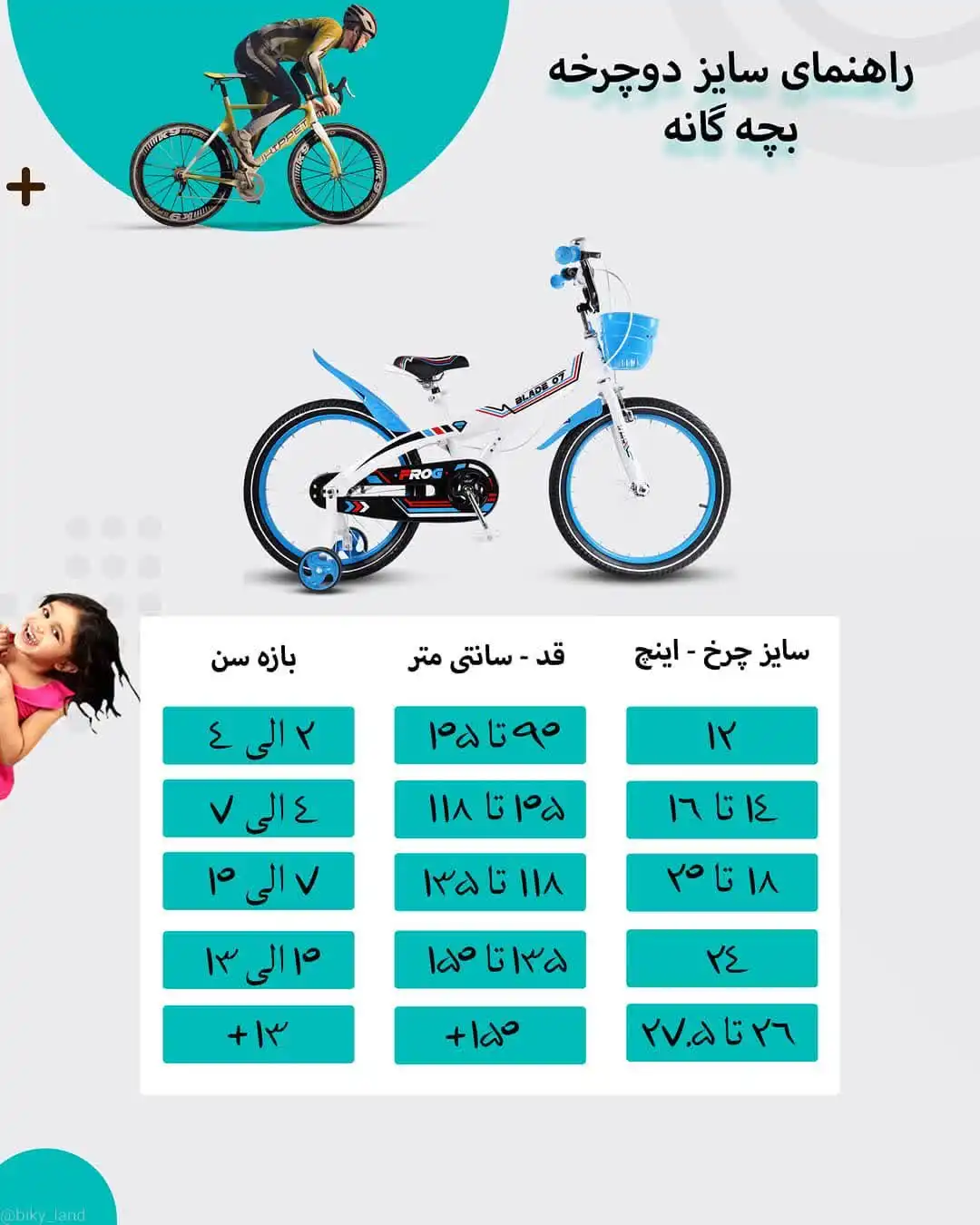 جدول سایز دوچرخه کودک